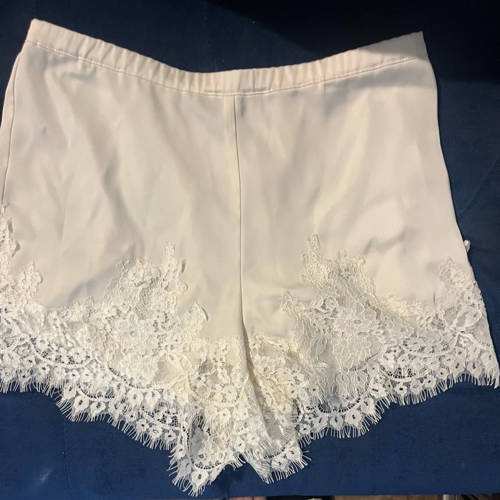 Lace Trim Satin-Look White Shorts